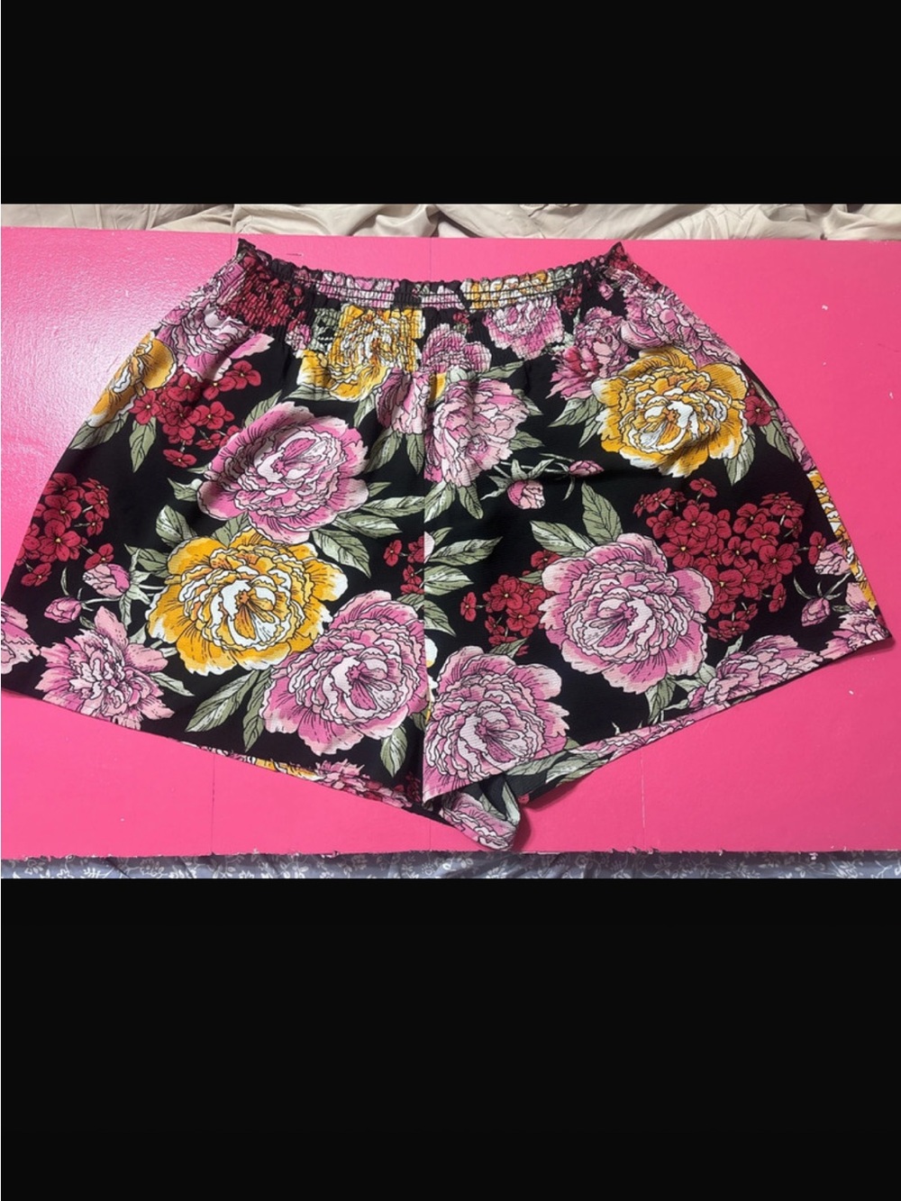 LuLaRoe Black Floral Athletic Shorts with Pink & Yellow Blooms